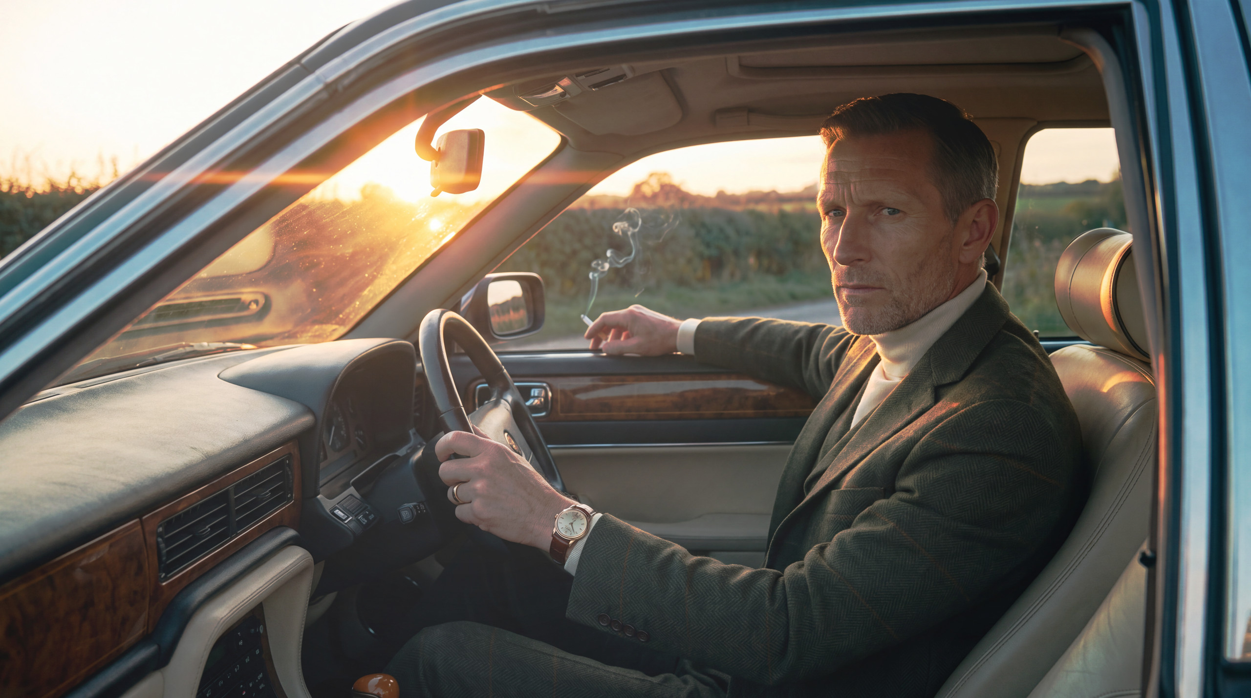 966 — man in a car at sunset