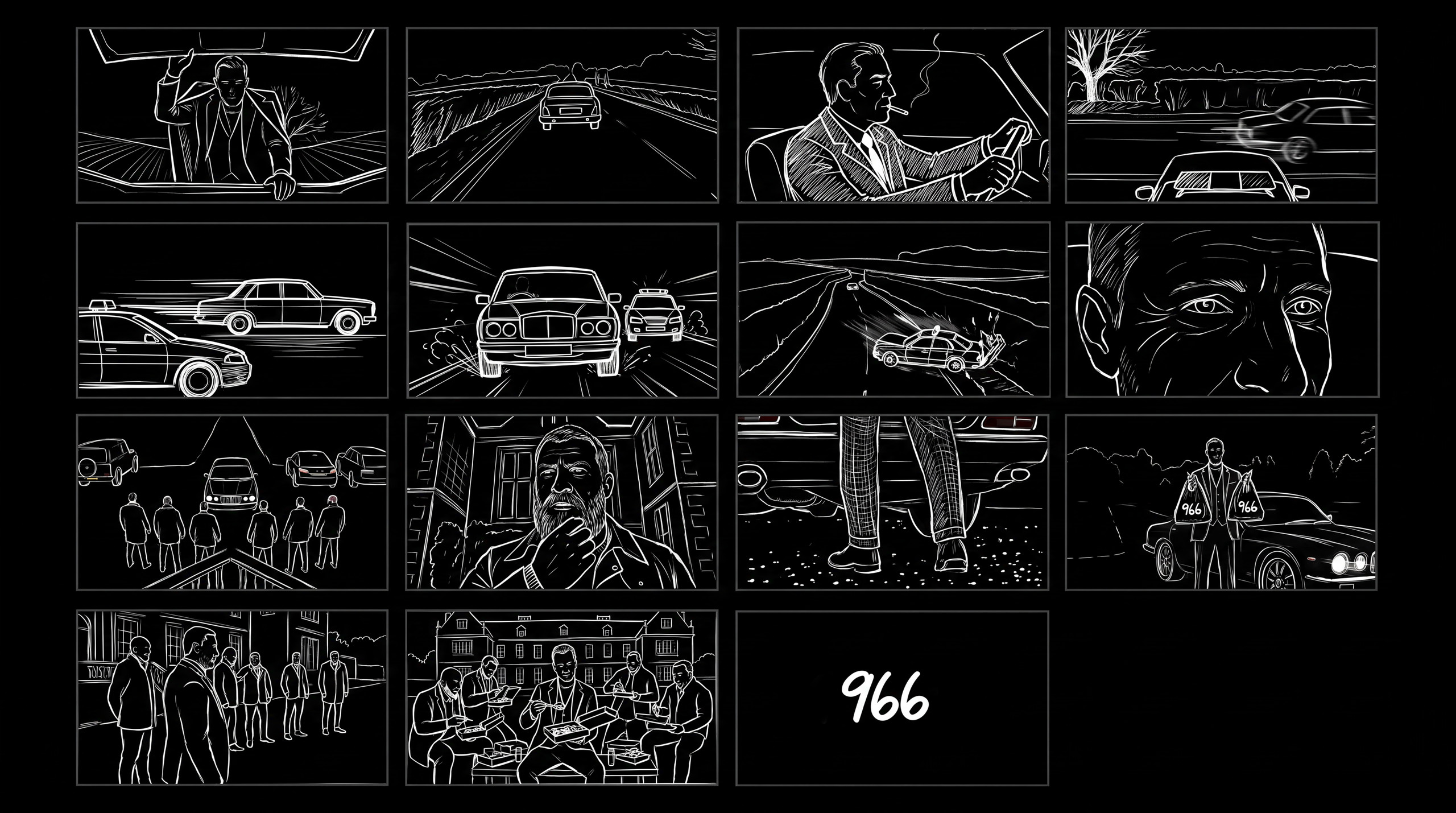 966 — storyboard: 14 frames from the drive to the 966 end card