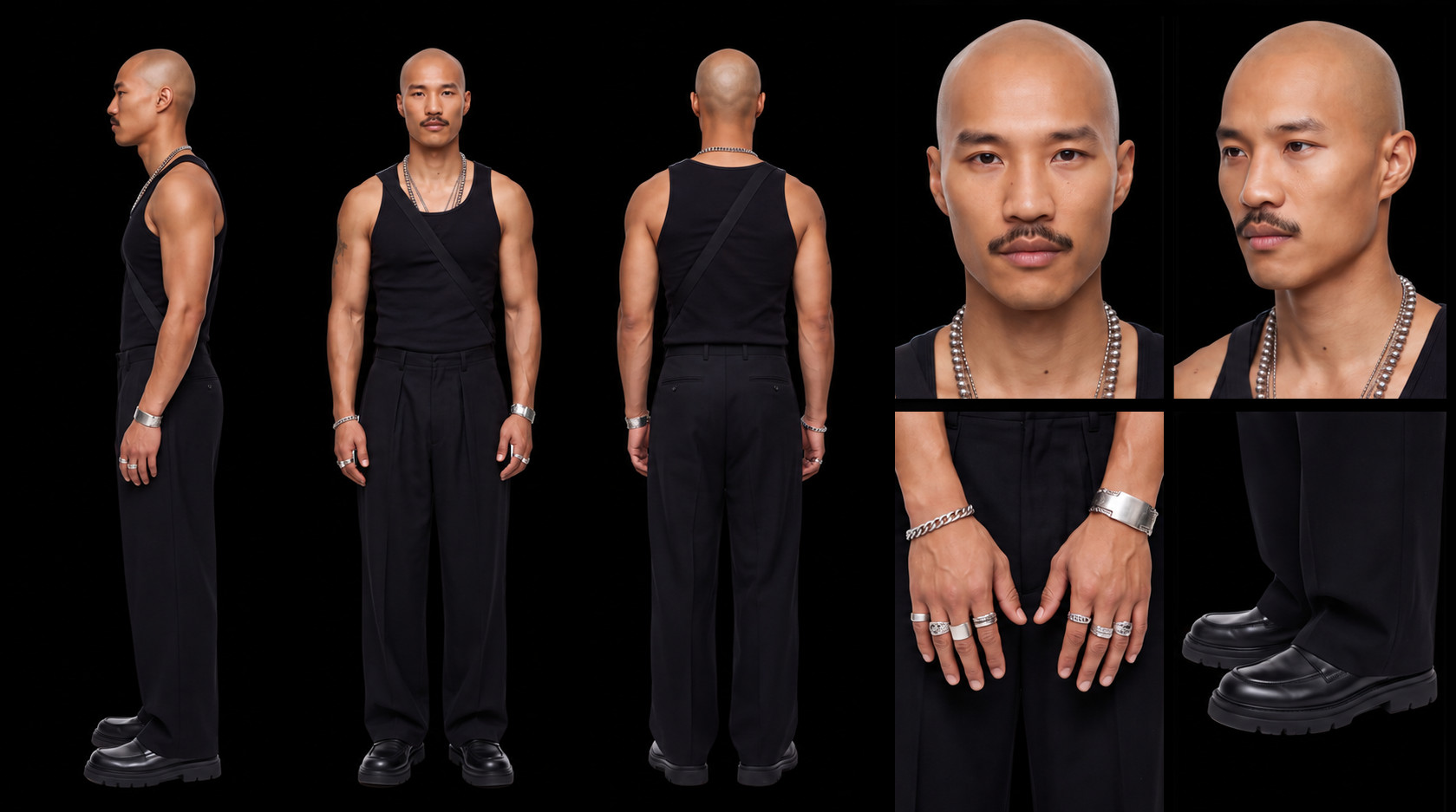 Betrix — identity sheet: hero in black tank top and silver jewelry