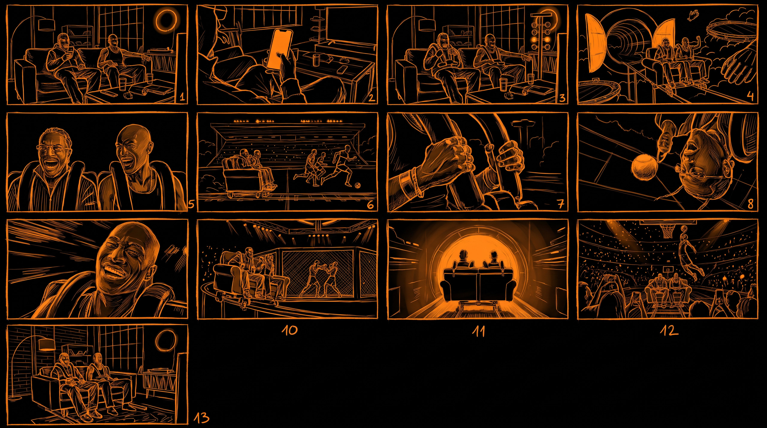 Betrix — storyboard: 13 frames from the living room through five sports worlds and back