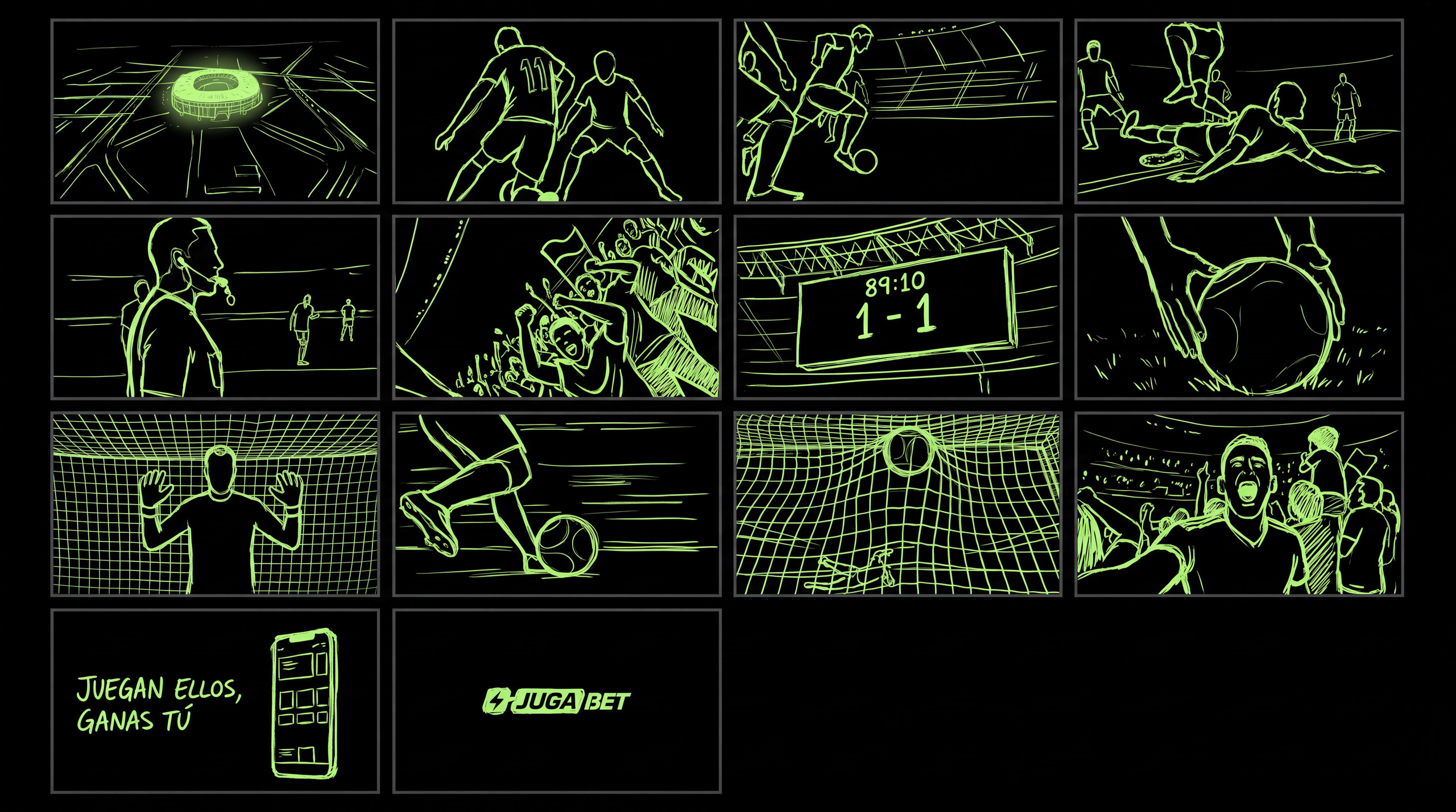 Jugabet — storyboard: 14 frames from stadium aerial to the Jugabet end card