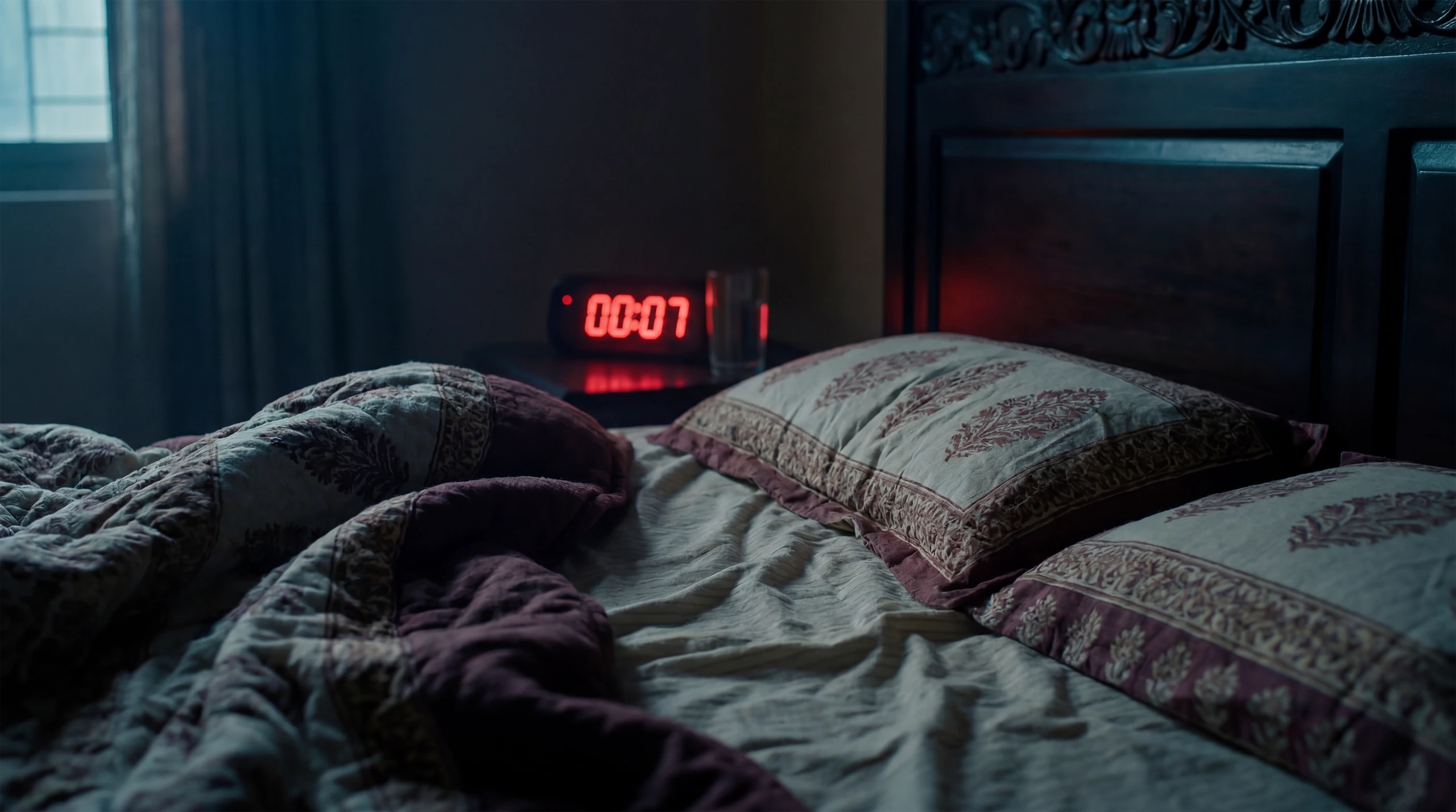 Dark bedroom — empty bed, alarm clock reading 00:07, glass of water