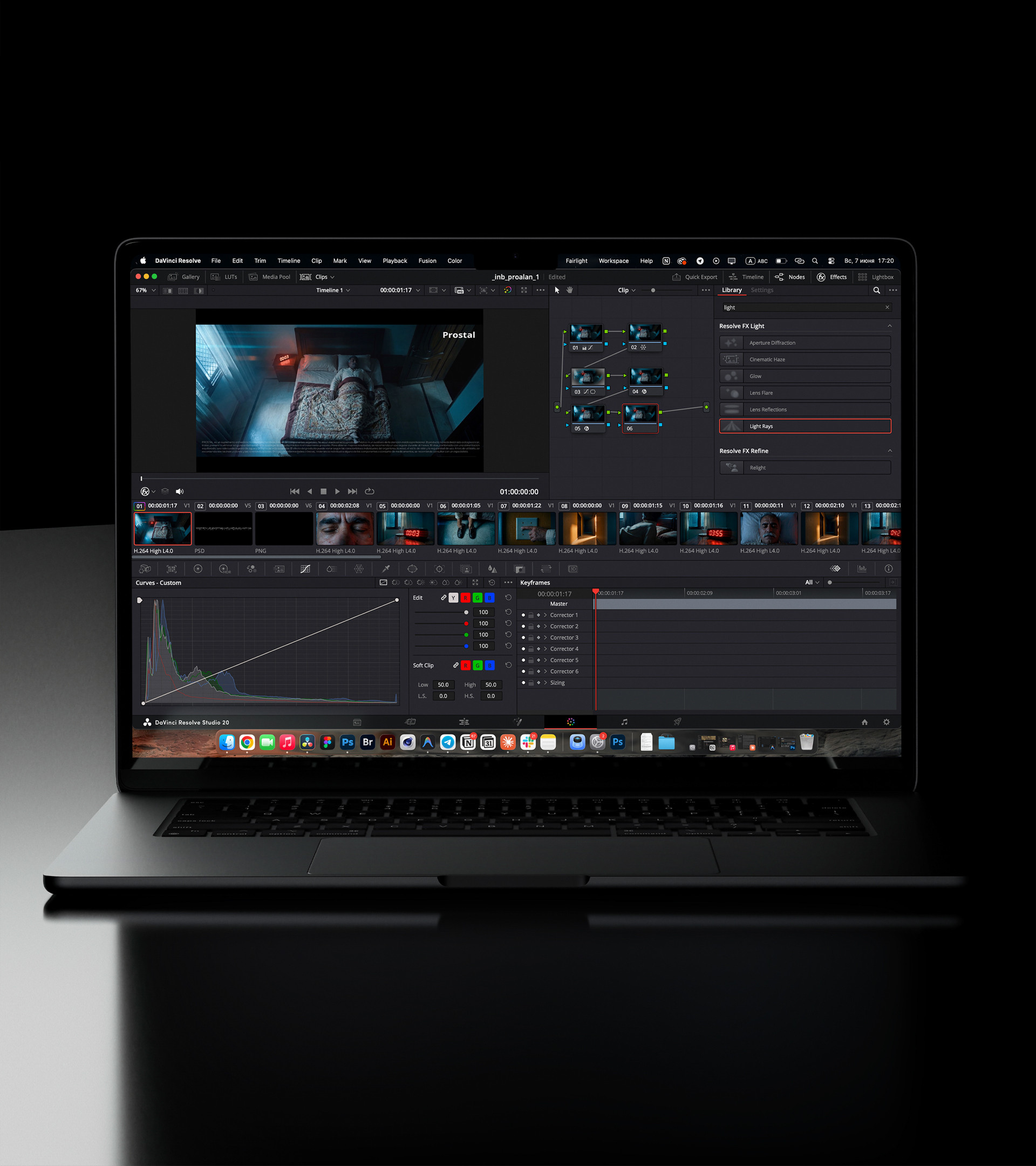 Prostal — the film graded in DaVinci Resolve: node tree, curves and timeline