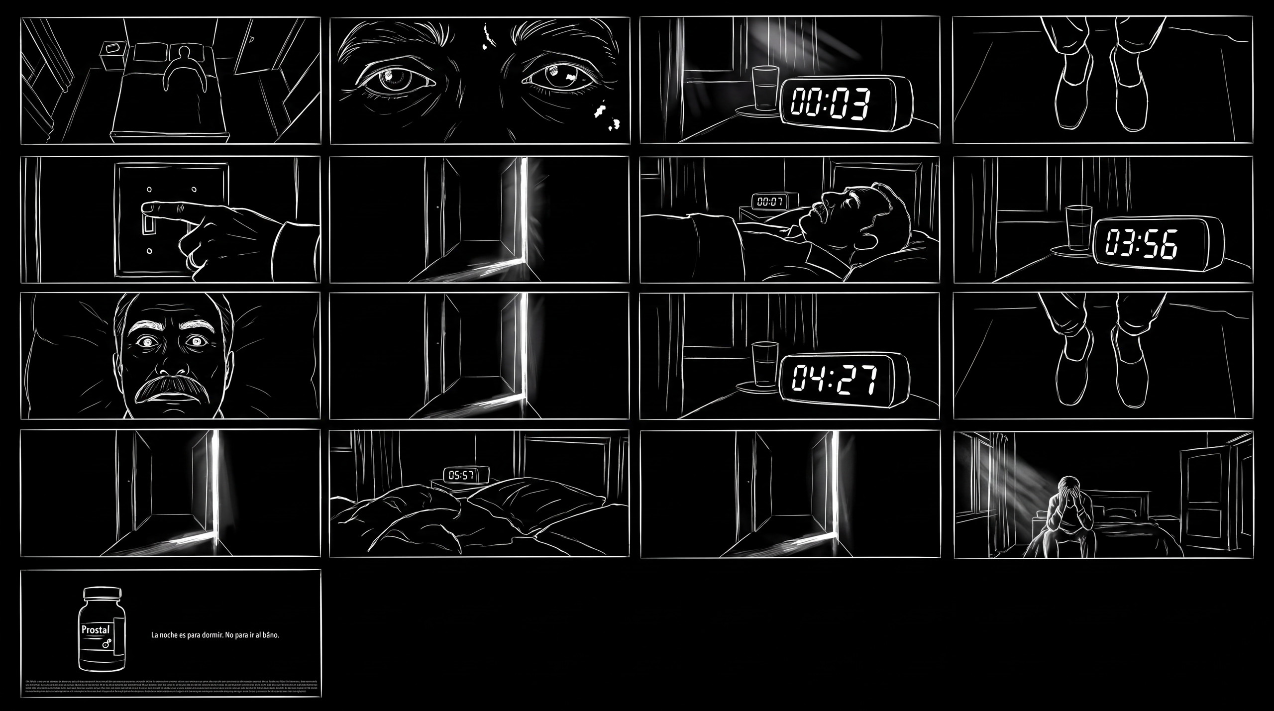 Prostal — storyboard: 16 black-and-white frames plus the colour product end card